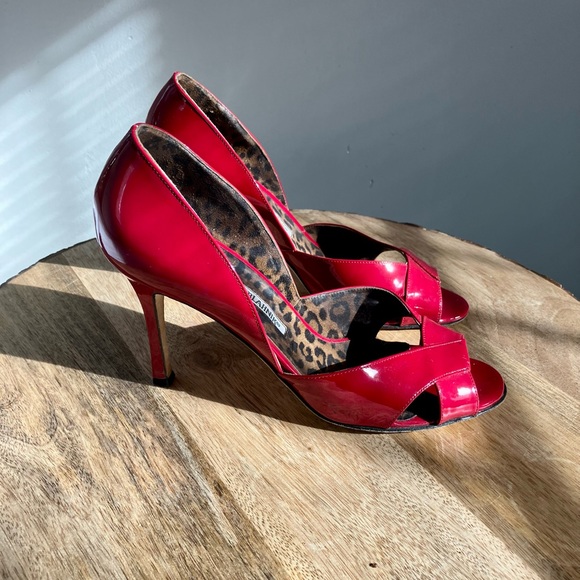 Manolo Blahnik Red Patent Leather Open Toe Pumps Size 38 - Picture 7 of 10